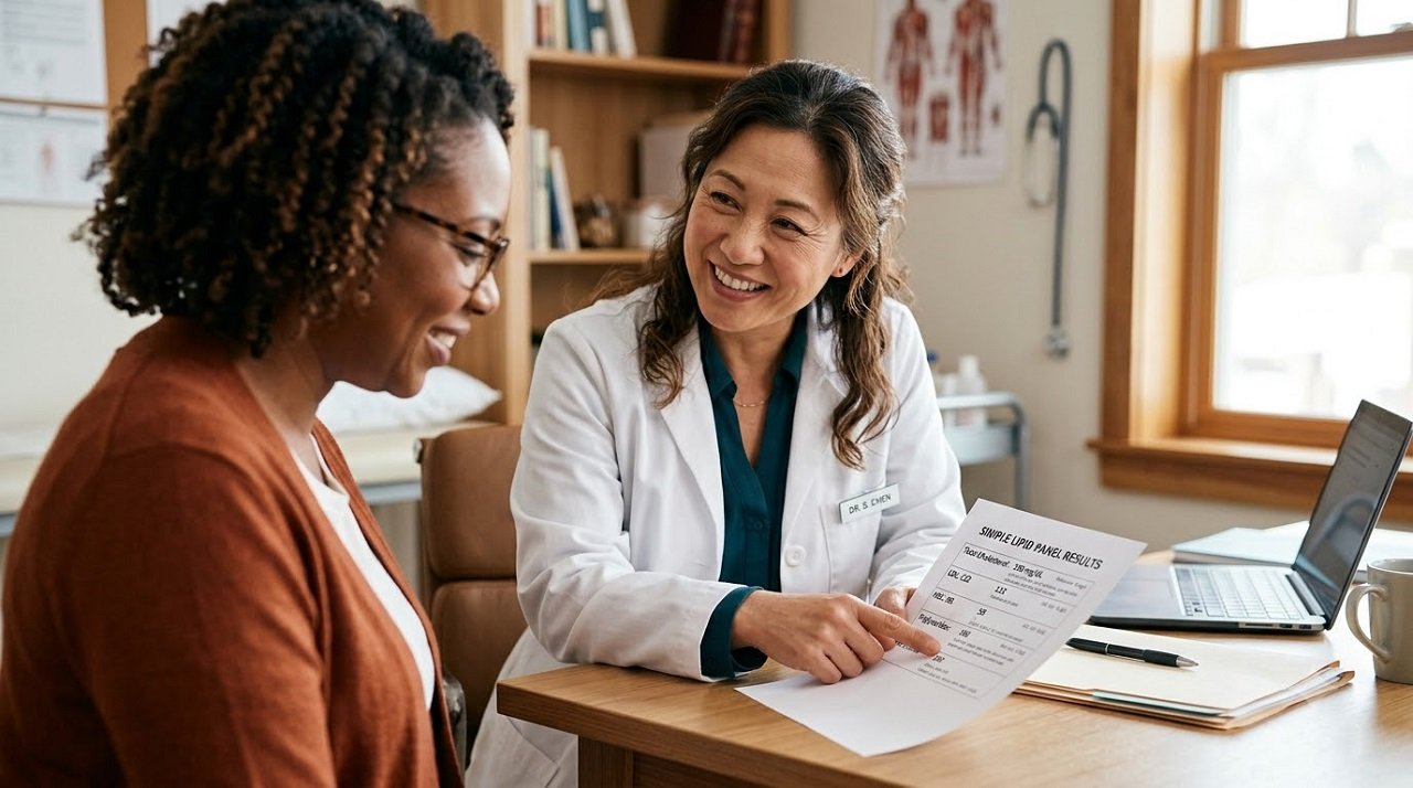 Doctor explaining LDL and HDL cholesterol results to a patient during a consultation