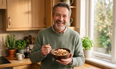 Middle-aged man smiling while holding a bowl of heart-healthy oatmeal topped with apple and walnuts in a sunlit kitchen