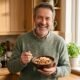 Middle-aged man smiling while holding a bowl of heart-healthy oatmeal topped with apple and walnuts in a sunlit kitchen