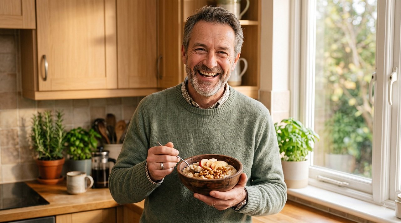 Middle-aged man smiling while holding a bowl of heart-healthy oatmeal topped with apple and walnuts in a sunlit kitchen