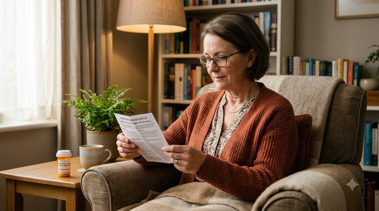 Woman reviewing prescription vaginal estrogen information for recurrent UTI prevention