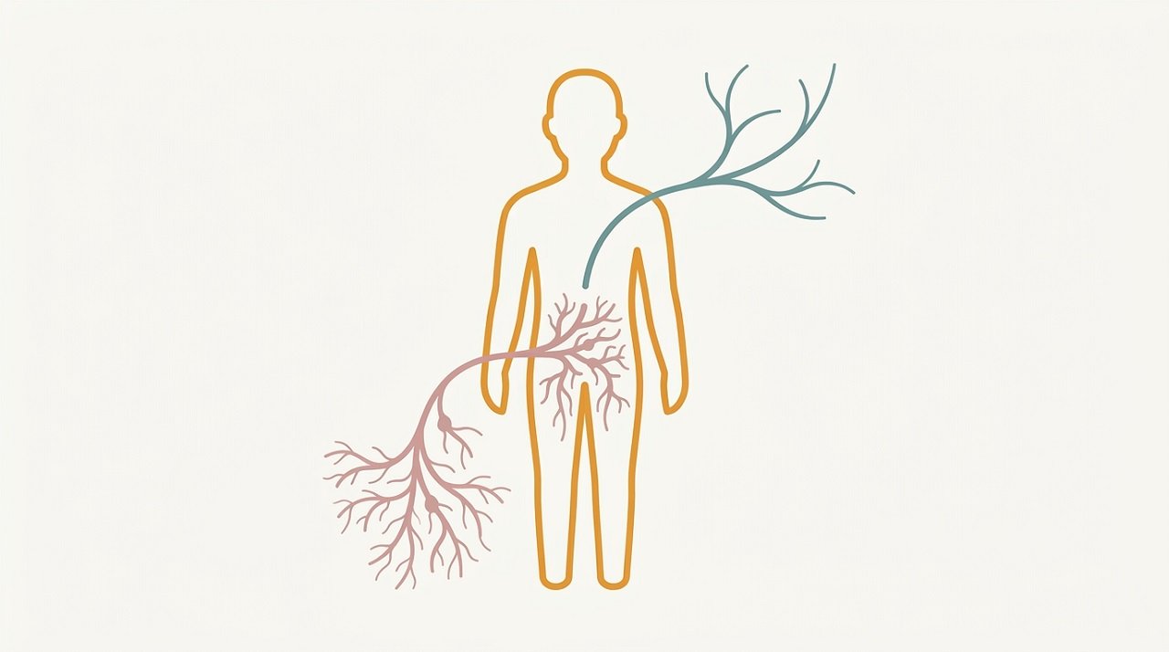 Minimalist illustration of the sympathetic and parasympathetic nervous system branches underlying trauma responses