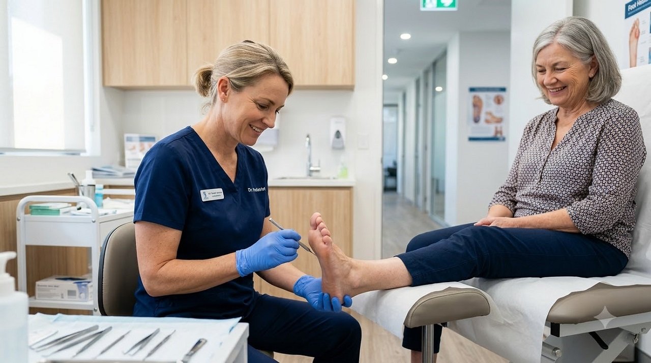 Podiatrist safely examining a diabetic patient's foot callus in a clinical setting