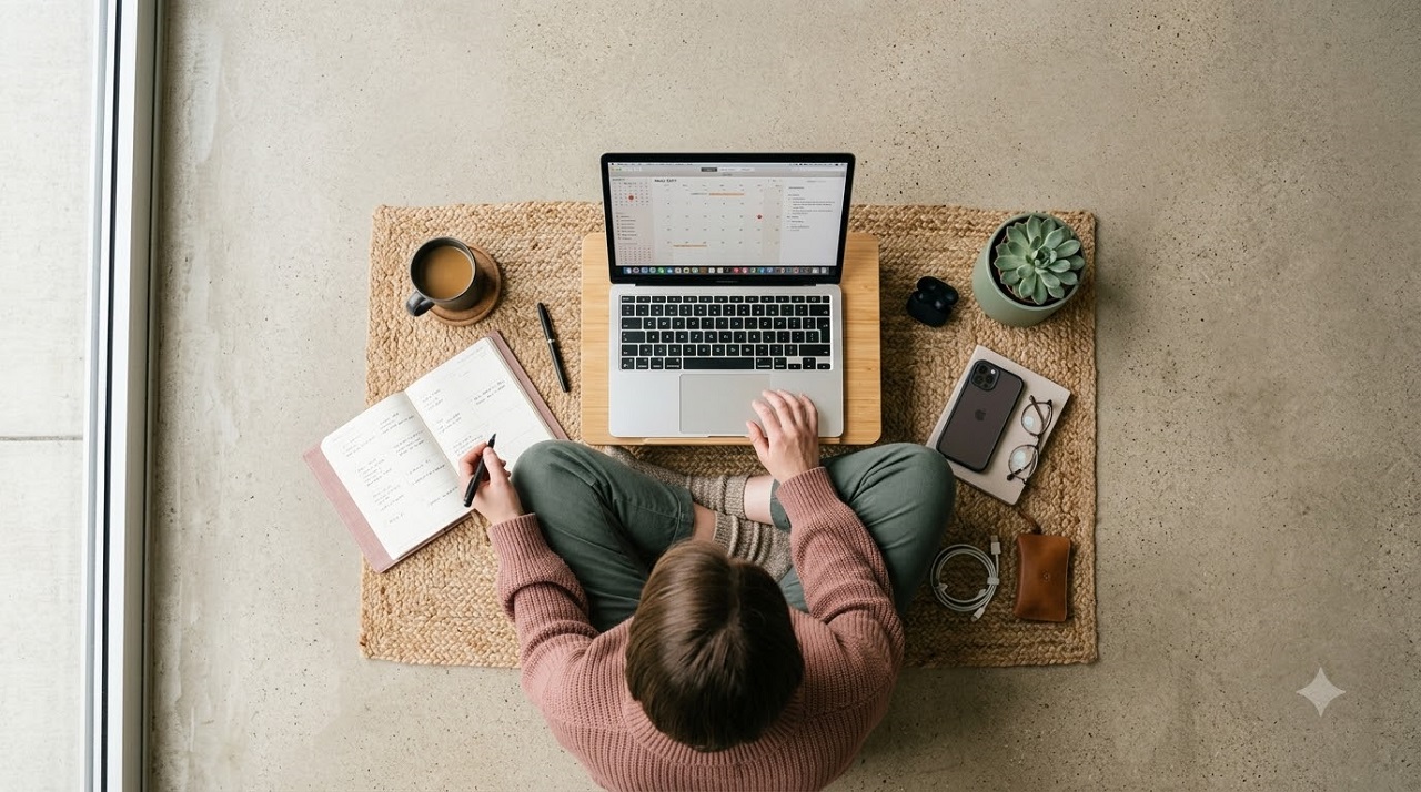 Person sitting surrounded by organised work items, representing the maintained functioning that conceals high-functioning depression symptoms