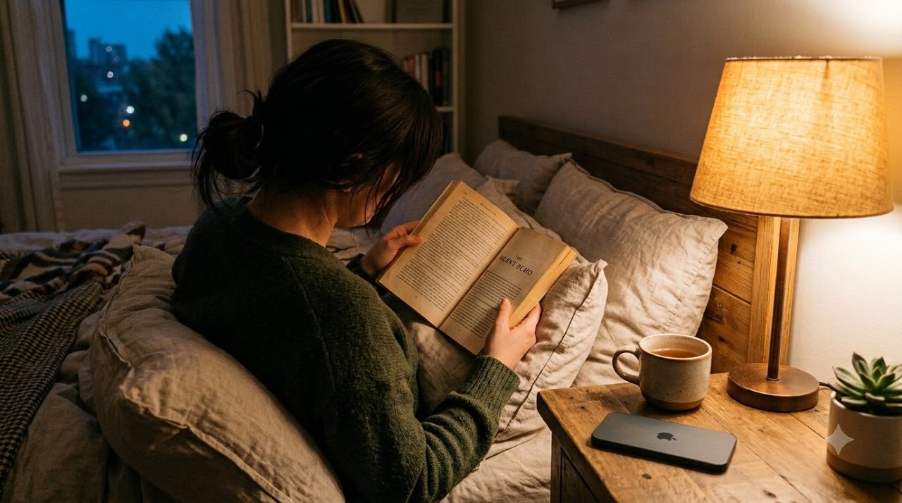Person reading a physical book instead of using a screen before bed