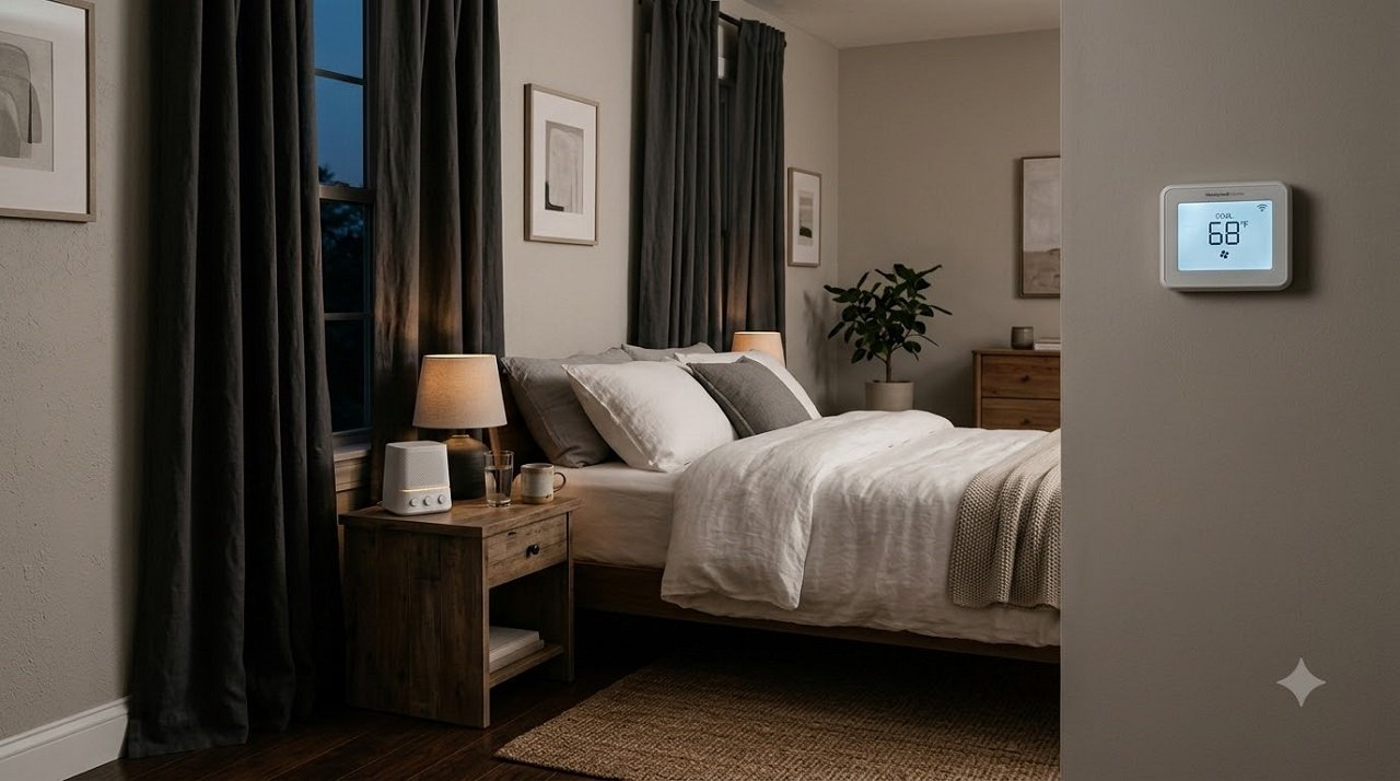 A cool, dark bedroom with blackout curtains, a white noise machine, and a thermostat set to a cooler temperature