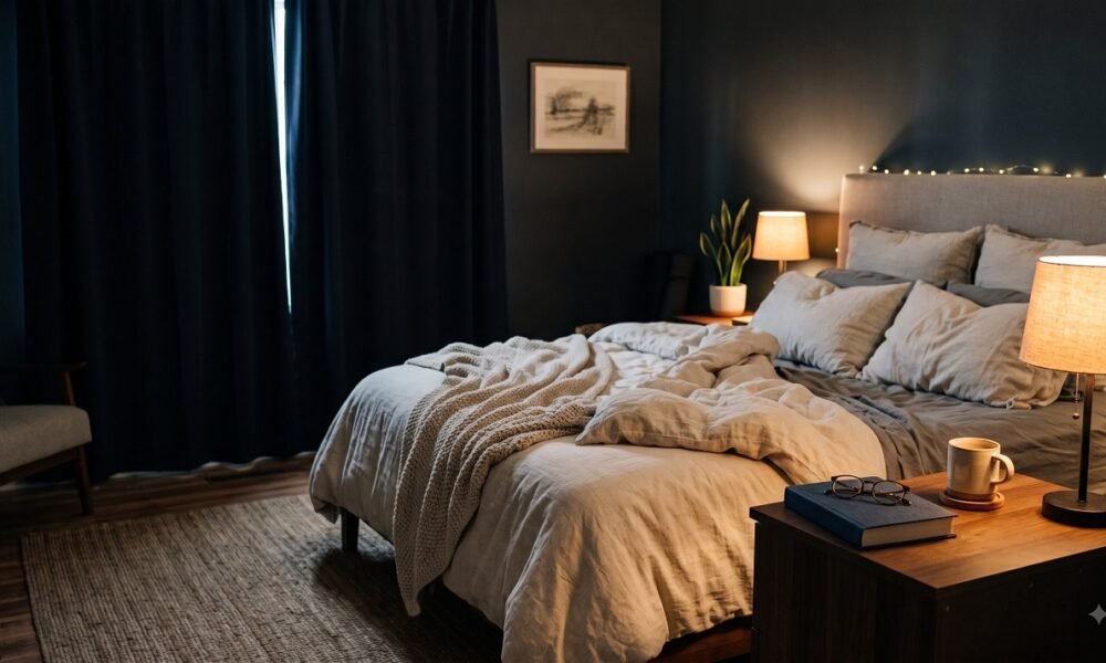 A calm, dimly lit bedroom set up for good sleep hygiene