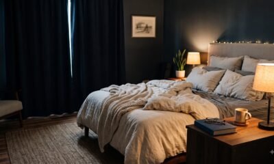 A calm, dimly lit bedroom set up for good sleep hygiene