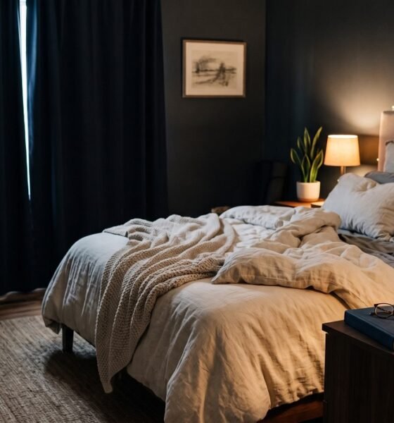 A calm, dimly lit bedroom set up for good sleep hygiene