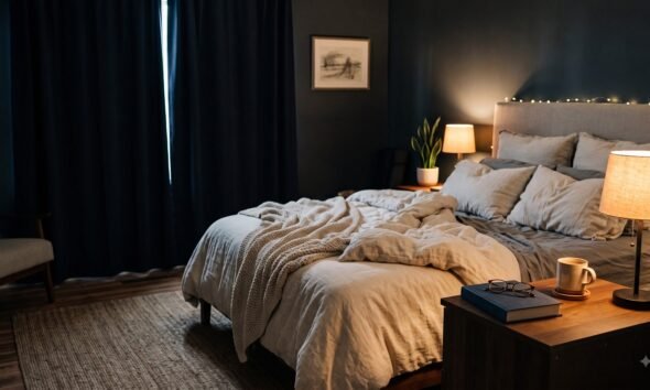 A calm, dimly lit bedroom set up for good sleep hygiene