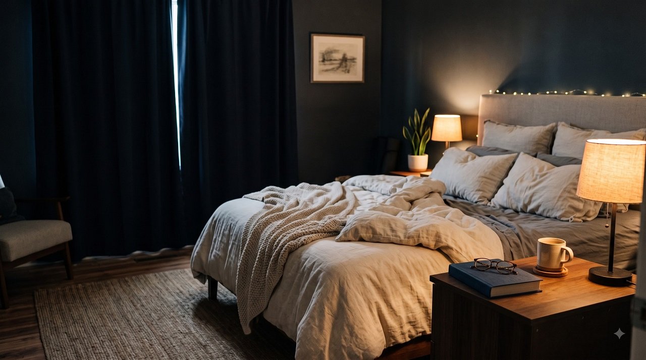 A calm, dimly lit bedroom set up for good sleep hygiene