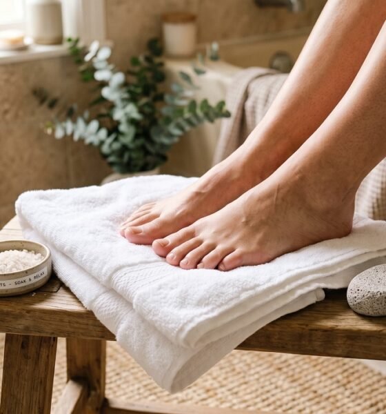 Bare feet resting after a foot soak with pumice stone and foot cream nearby