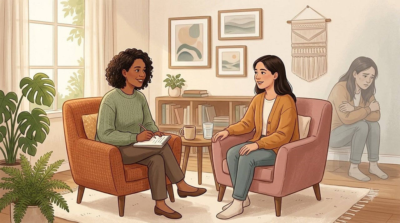 Illustration of a person in calm conversation with a therapist representing the beginning of trauma-informed treatment and nervous system healing