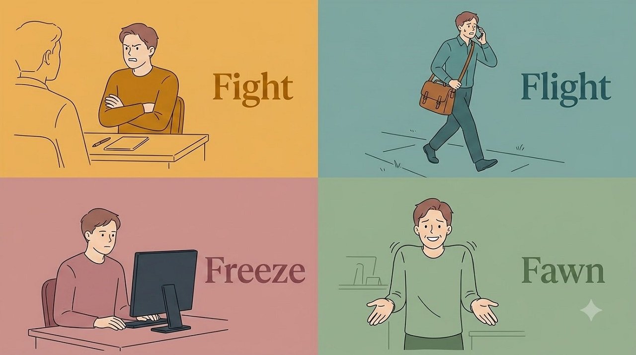 Four quadrant illustration showing fight, flight, freeze and fawn trauma responses as recognisable everyday human behaviours