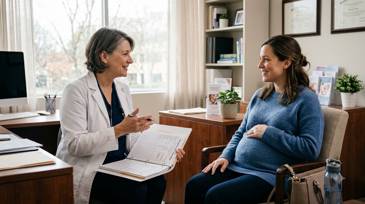 Pregnant woman discussing UTI symptoms with her obstetrician