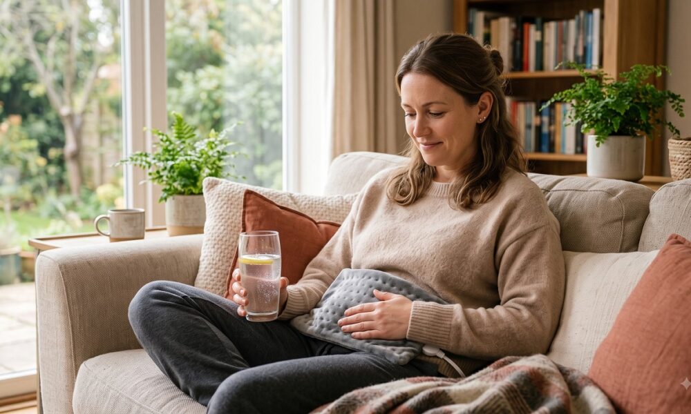 Woman at home using a heating pad and drinking water to ease UTI symptoms