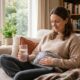 Woman at home using a heating pad and drinking water to ease UTI symptoms