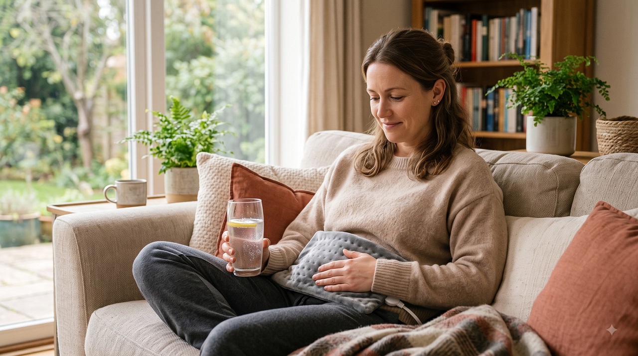 Woman at home using a heating pad and drinking water to ease UTI symptoms