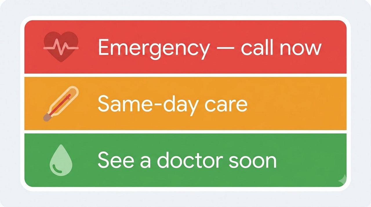 Traffic-light style chart showing when UTI symptoms require urgent or emergency care