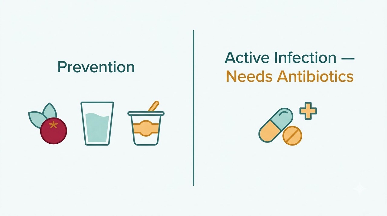 Infographic comparing UTI prevention methods versus antibiotic treatment for active infection