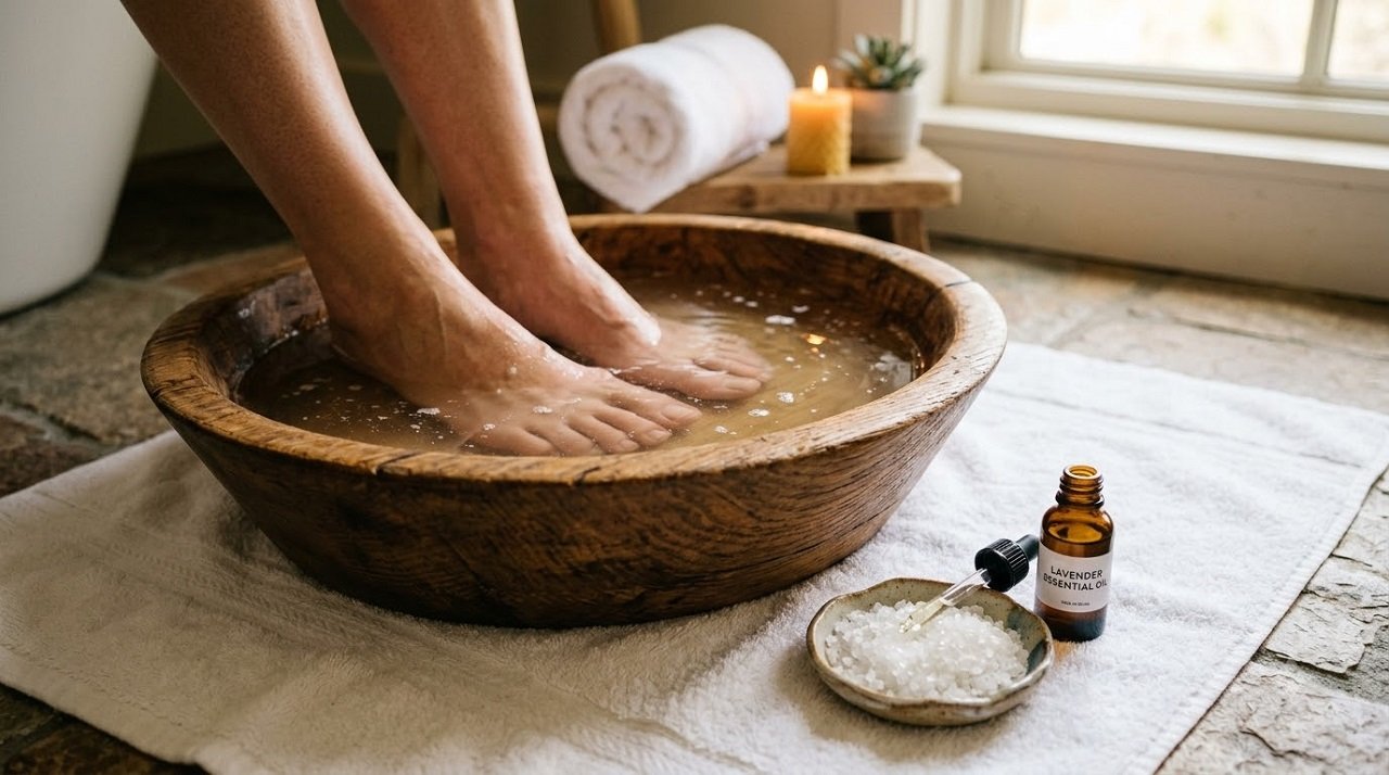 Feet soaking in a warm water basin with Epsom salt to soften hard skin