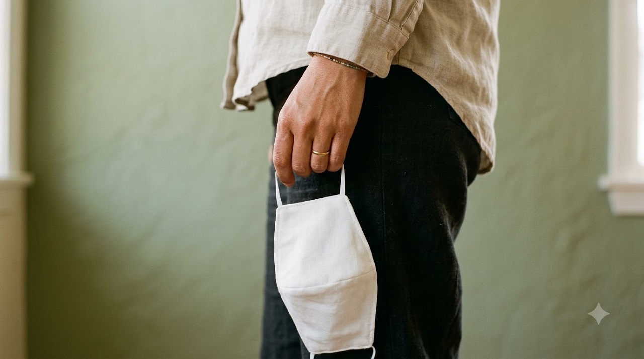A hand holding a plain white mask loosely at the side, representing the masking behaviour common in high-functioning depression