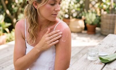 Applying aloe vera gel to sunburned skin next to a fresh aloe leaf