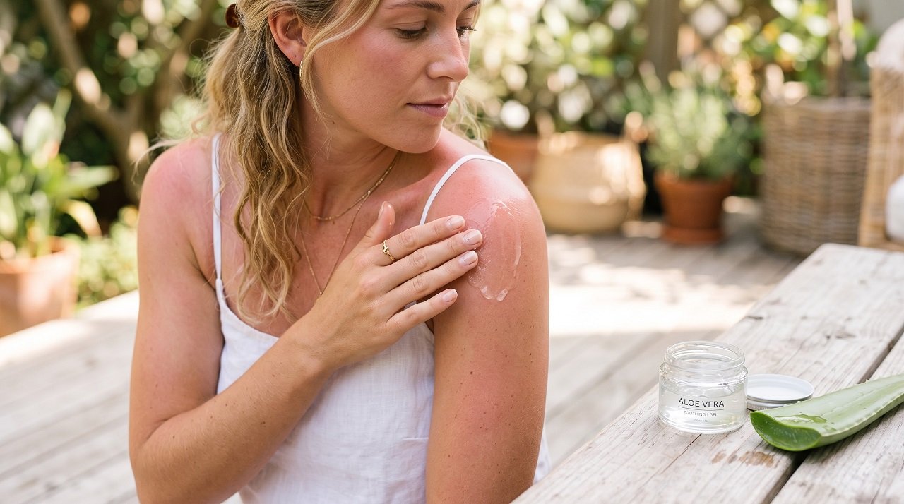 Applying aloe vera gel to sunburned skin next to a fresh aloe leaf