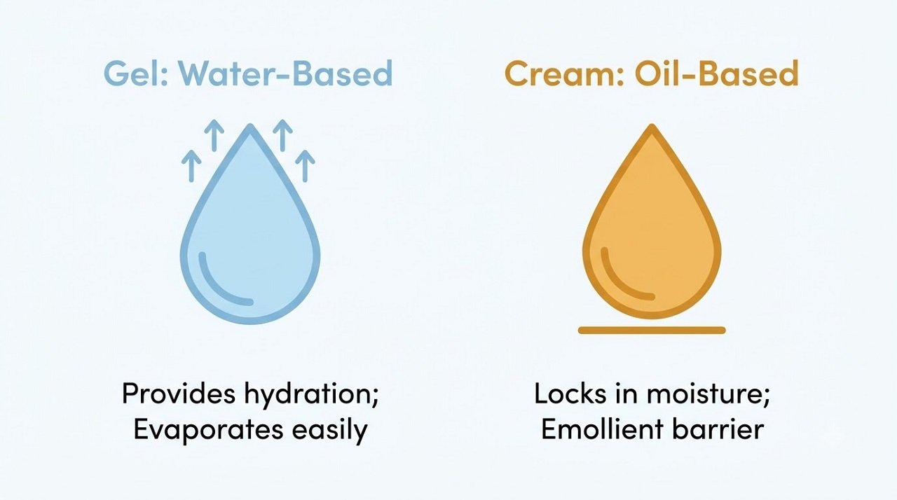 Diagram comparing water-based aloe vera gel and oil-based aloe vera cream for sunburn