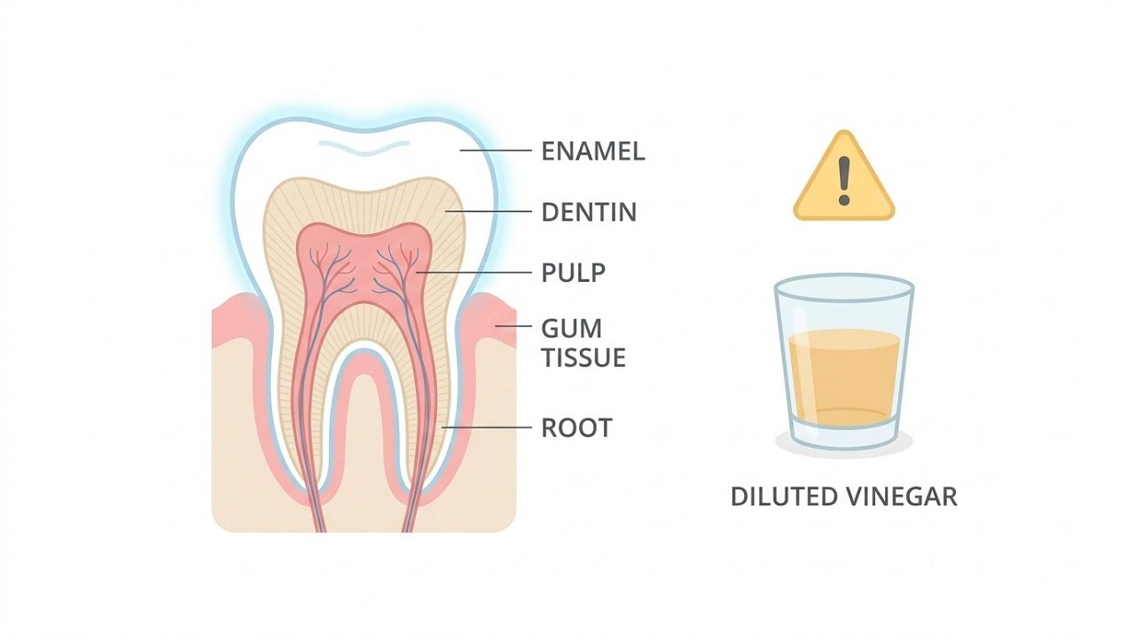 Illustration of dental enamel erosion risk from frequent apple cider vinegar gargling