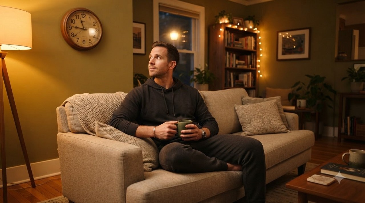 Man drinking chamomile tea on the couch while checking the time before bed
