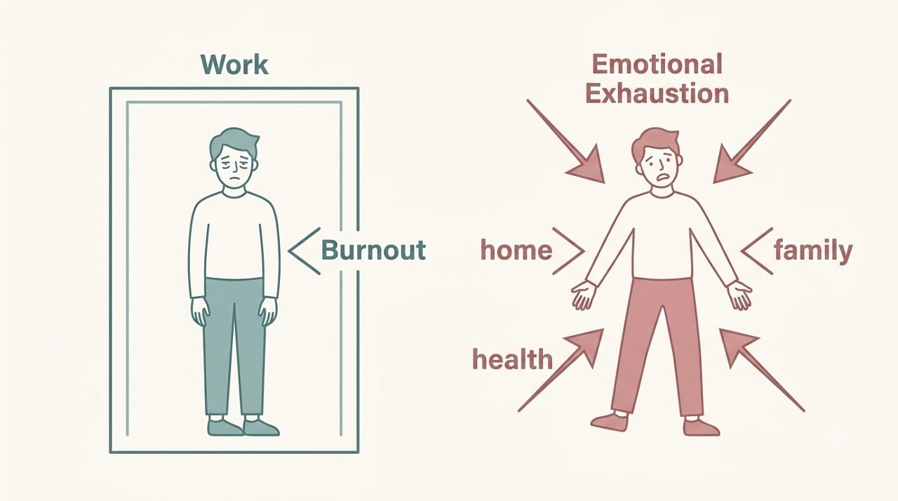 Illustration showing burnout confined to a work boundary and emotional exhaustion extending across all life areas