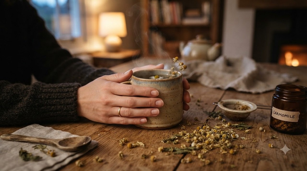 Close-up of hands holding chamomile tea, illustrating its calming bedtime use