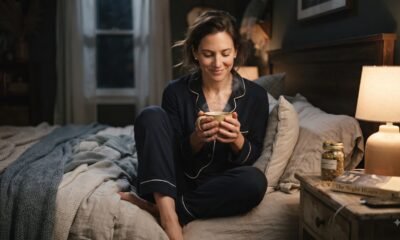 Woman holding a warm mug of chamomile tea in bed at night before sleep