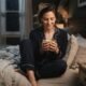 Woman holding a warm mug of chamomile tea in bed at night before sleep