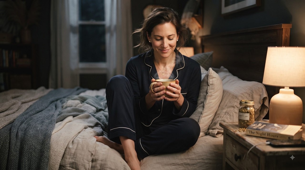 Woman holding a warm mug of chamomile tea in bed at night before sleep