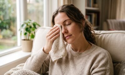 Person applying a warm compress to a closed eyelid to treat a stye