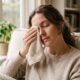 Person applying a warm compress to a closed eyelid to treat a stye