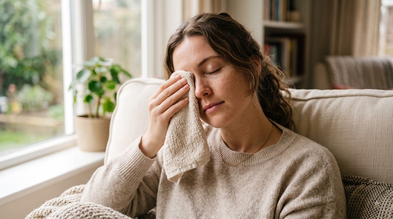 Person applying a warm compress to a closed eyelid to treat a stye