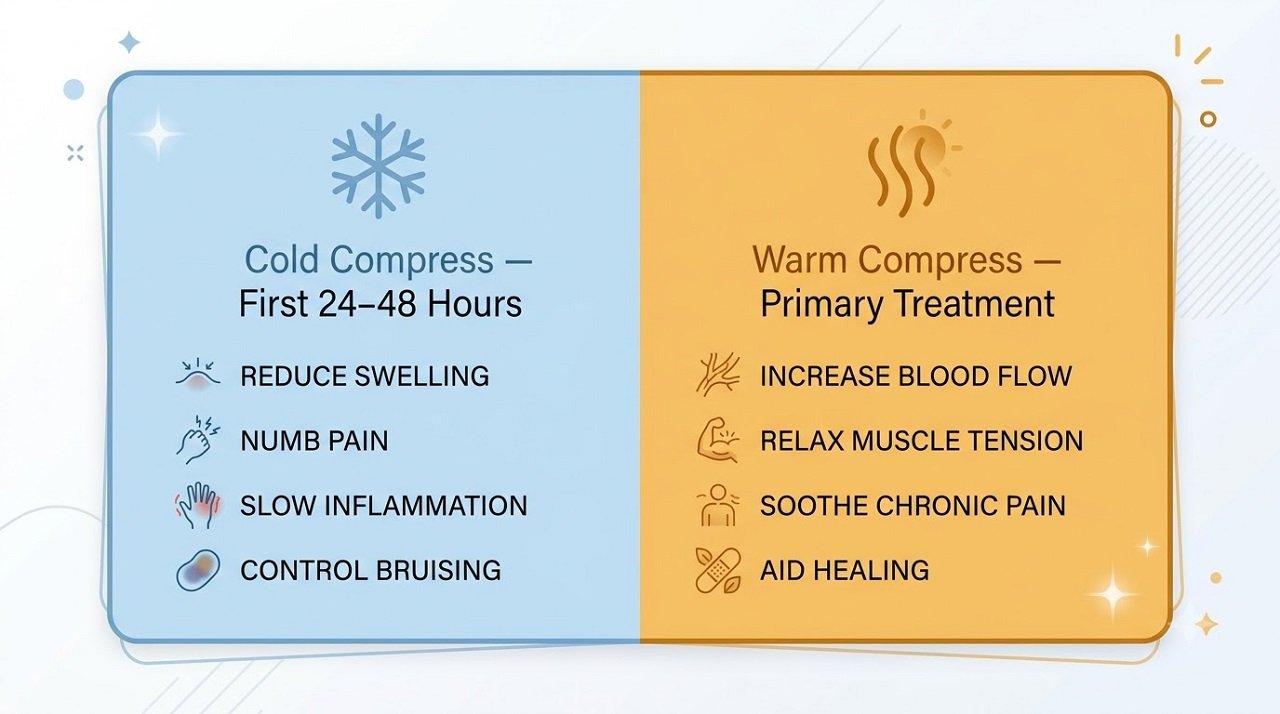 Infographic comparing cold compress and warm compress use for treating a stye