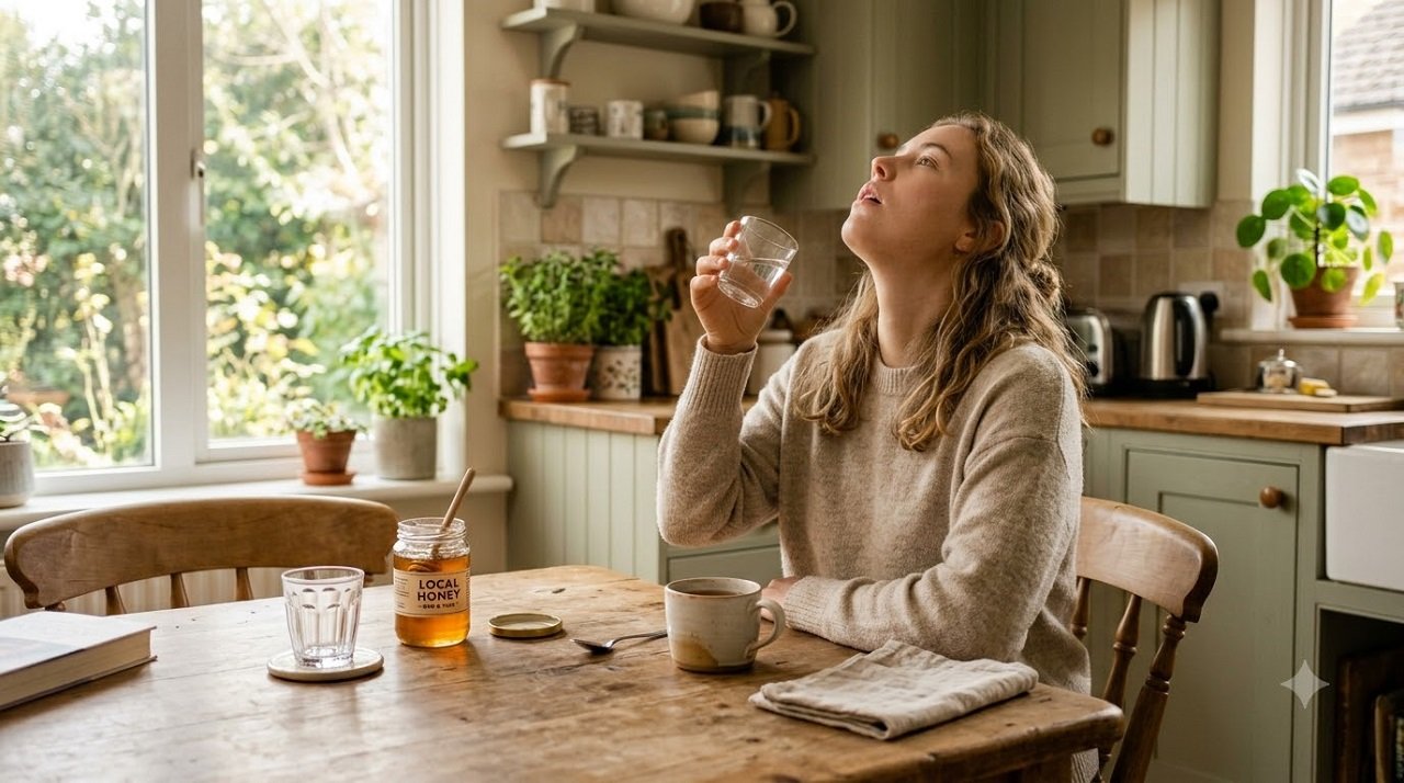 Person gargling salt water as part of a sore throat relief routine at home