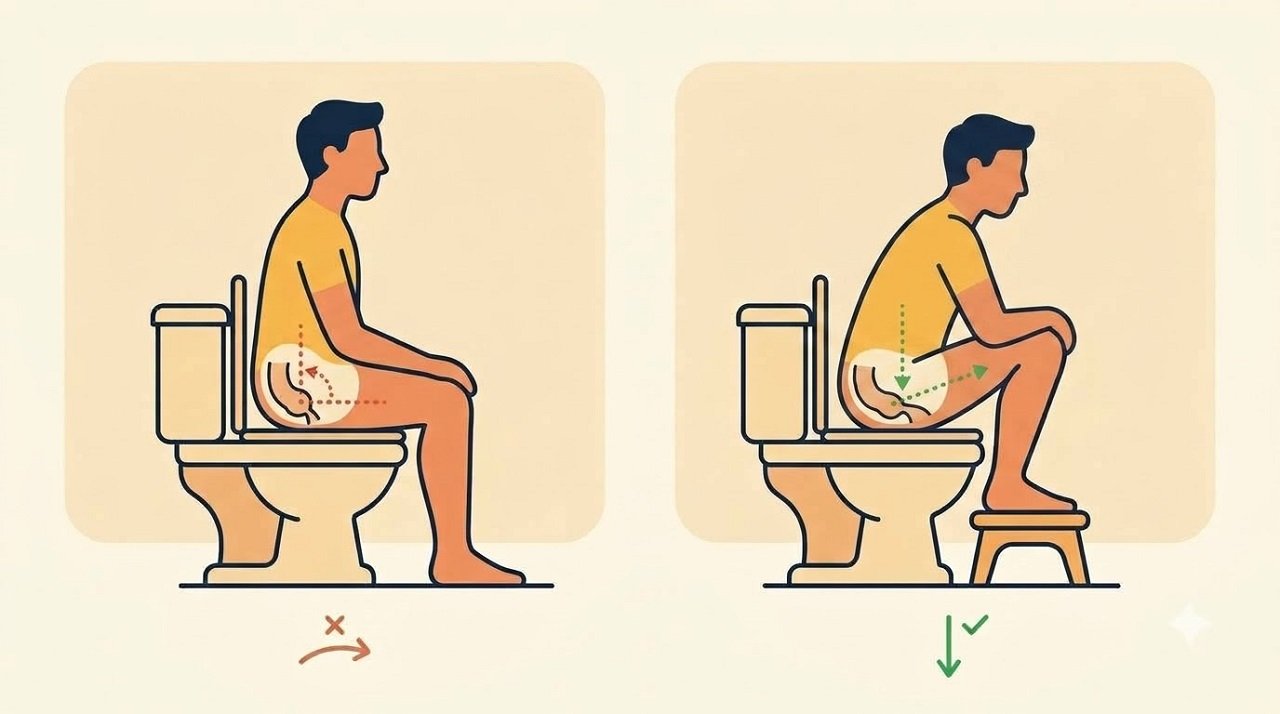 Illustration comparing sitting and squatting posture for easier bowel movements