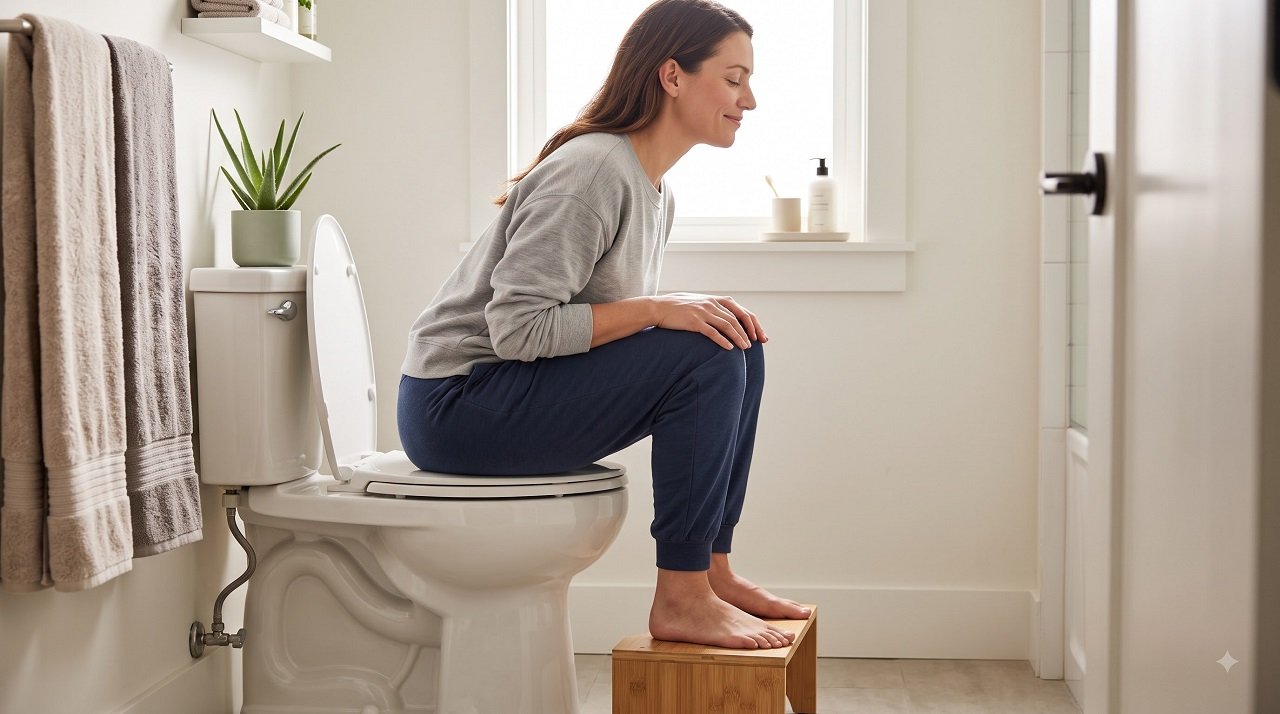 A woman using footstool positioned for proper toilet posture to relieve constipation