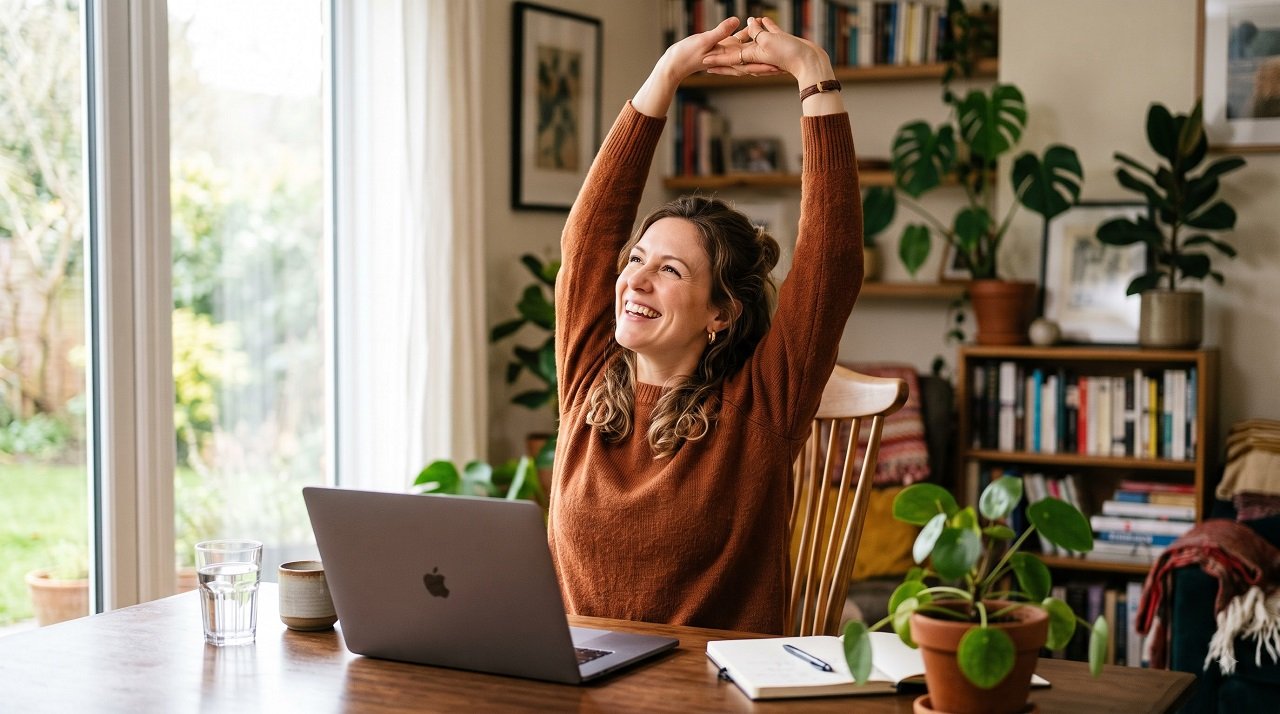 Woman stretching at her home desk during a work break to stay healthy while working from home