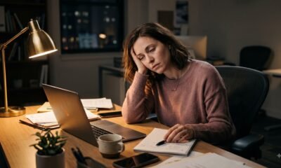 Person sitting exhausted at a desk at the end of a long day, representing the difference between emotional exhaustion and burnout