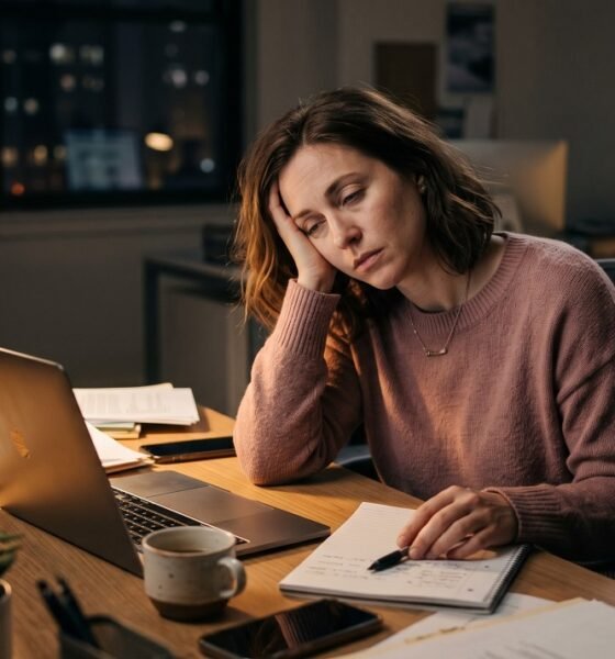 Person sitting exhausted at a desk at the end of a long day, representing the difference between emotional exhaustion and burnout