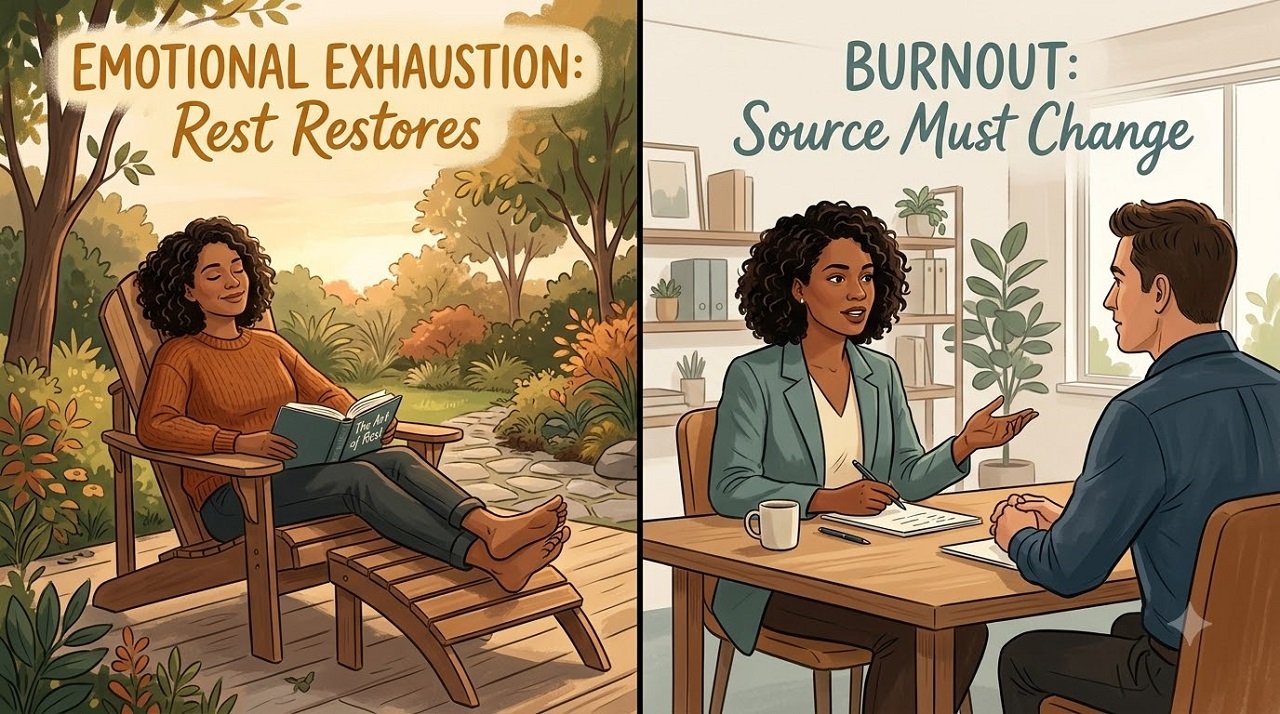 Split illustration comparing recovery from emotional exhaustion through rest versus burnout recovery requiring structural occupational change