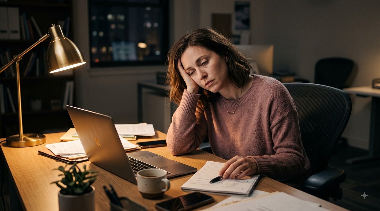 Person sitting exhausted at a desk at the end of a long day, representing the difference between emotional exhaustion and burnout
