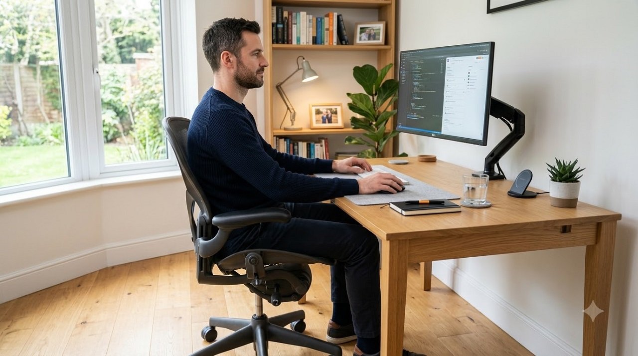 Man demonstrating good ergonomic posture at a home office desk setup