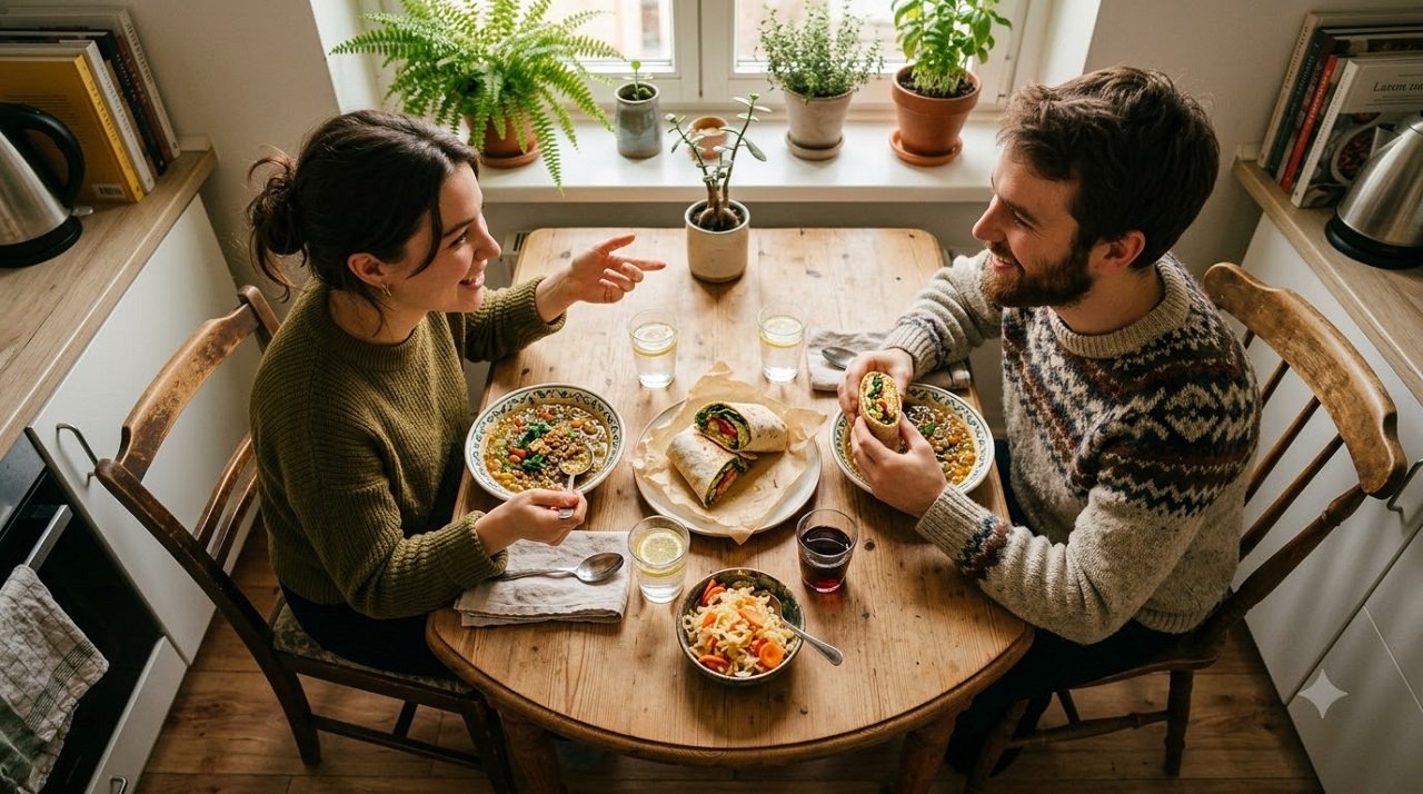 Couple enjoying a gut-friendly meal of lentil soup and sauerkraut together at home